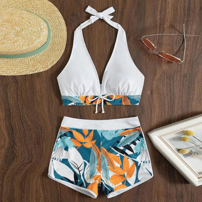 2Pcs/Set Bikinis Set Bowknot Decor Floral Print Bikini Backless Halter Bra High Waist Beachwear Female Beach Clothing