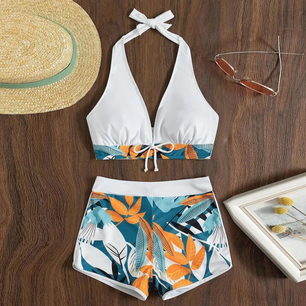 2Pcs/Set Bikinis Set Bowknot Decor Floral Print Bikini Backless Halter Bra High Waist Beachwear Female Beach Clothing