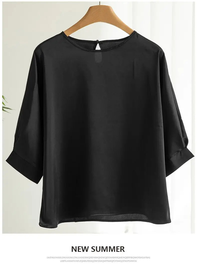 2025 New In Summer Satin Silk Half-Sleeve Tee Tops Basic Solid Women‘s T-Shirt Casual O-neck Thin Shirts Ladies Loose Blouses