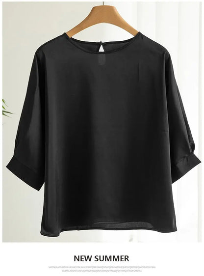2025 New In Summer Satin Silk Half-Sleeve Tee Tops Basic Solid Women‘s T-Shirt Casual O-neck Thin Shirts Ladies Loose Blouses