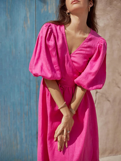 Bornladies 100% Cotton V-neck Waist Cinched Dress Unique Lantern Sleeve Sexy Slit Long Skirt Fashionable Women's Casual Dresses