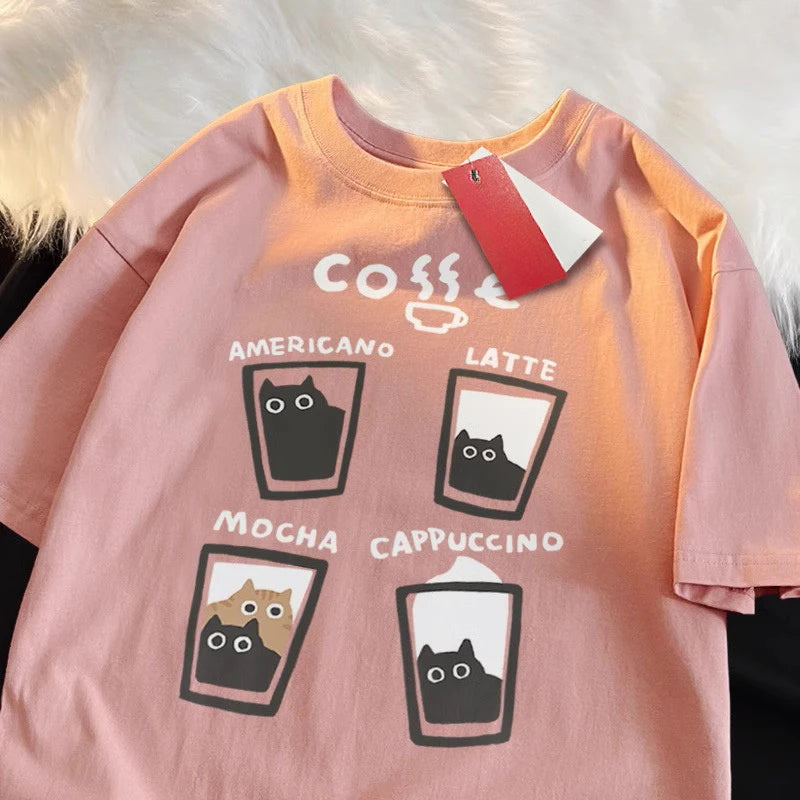 Summer Cream Coffee Cat Print Oversized Loose Short Sleeve Unisex T-shirt Women American Youth  Casual Street Couple Top