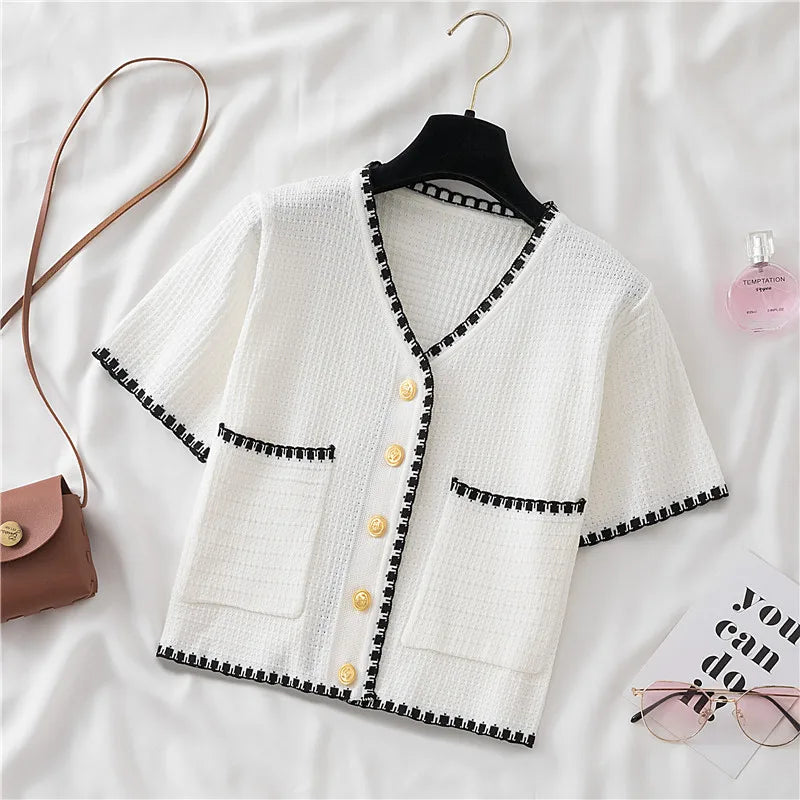 Summer Women New Solid V-Neck Casual Crop Top Single-breasted Pocket Patchwork Cardigan Versatile Loose Short Sleeve Shirts 2025