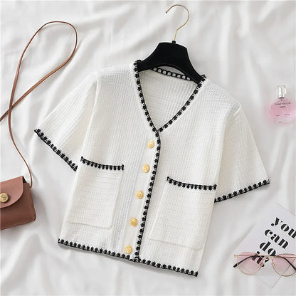 Summer Women New Solid V-Neck Casual Crop Top Single-breasted Pocket Patchwork Cardigan Versatile Loose Short Sleeve Shirts 2025