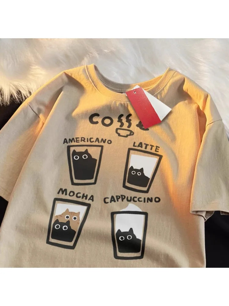 Summer Cream Coffee Cat Print Oversized Loose Short Sleeve Unisex T-shirt Women American Youth  Casual Street Couple Top