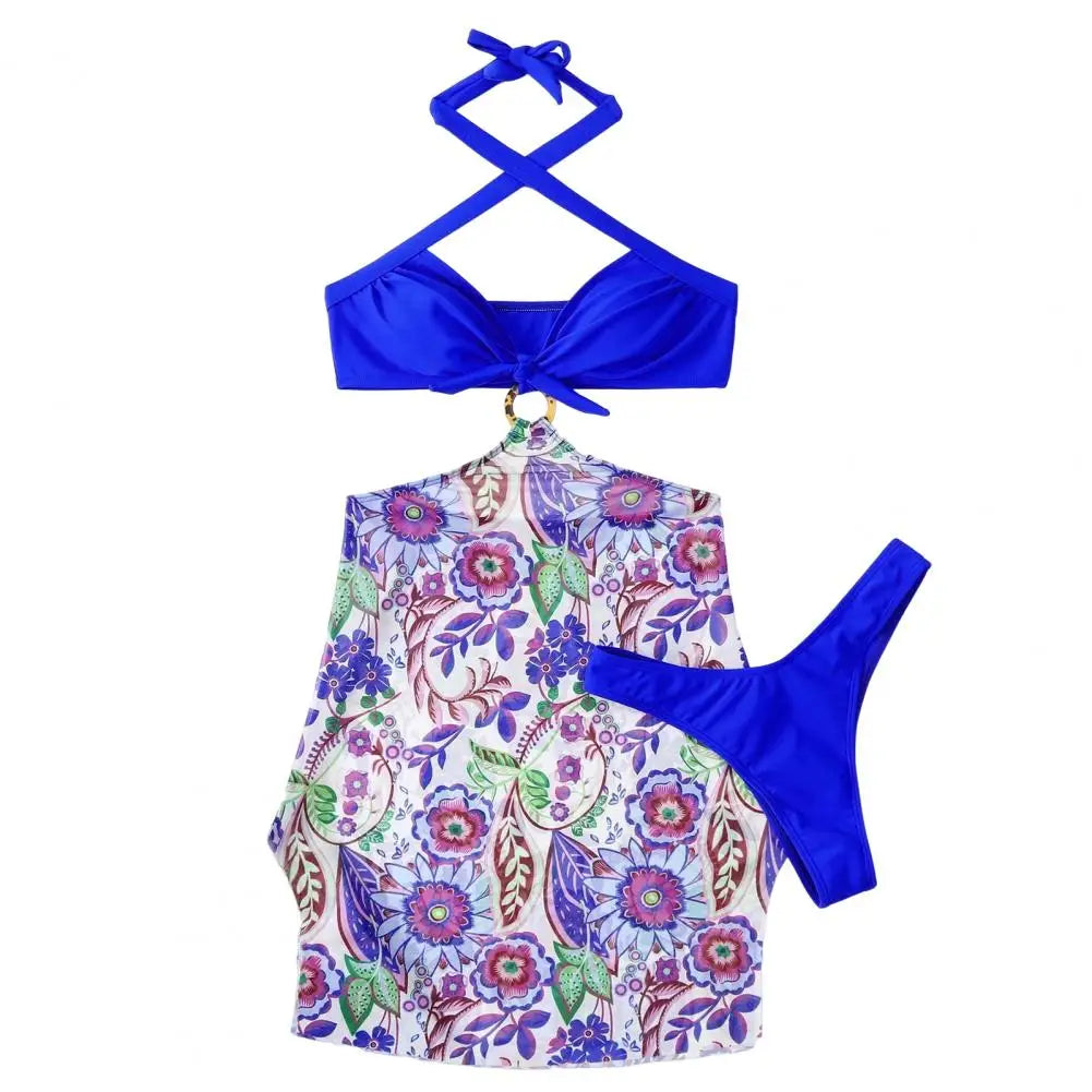 3Pcs/Set Women Swimwear Halter With Skirt Push Up Swim Pool Matching Sexy High Waist Thong Bikinis Set Water Sports Accessory