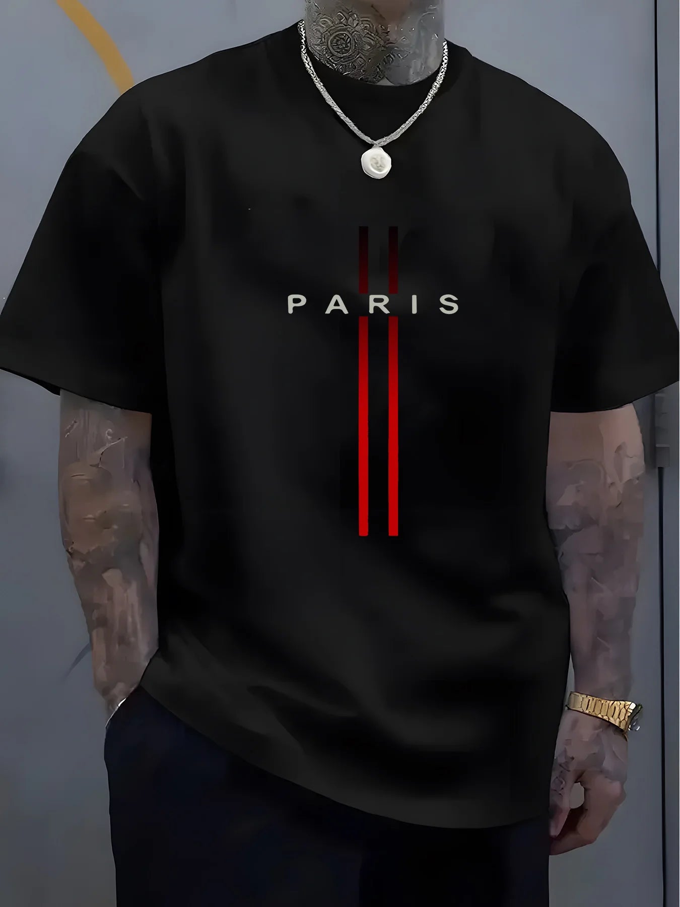 Summer men's 100% pure cotton casual loose fit plus size PARIS letter pattern printed round neck short sleeved T-shirt top