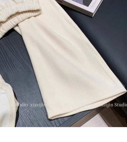 Autumn Winter Women White Rhinestone Velvet Wide Leg Pants Fashion Thickened Straight Loose Casual Trousers Streetwear Women