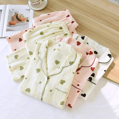 2025 New Spring and Autumn Women's Pajama Set 100% Cotton Crepe Long Sleeve Long Pants Two Piece Set Love Sweet Home Clothes