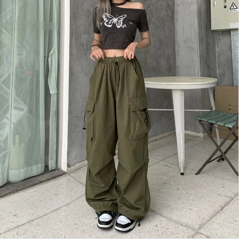 Casual Joggers Cargo Pants Women Solid Low Waist Pants Drawstring Wide Leg Baggy Trousers Y2k Streetwear Oversize Sweatpants