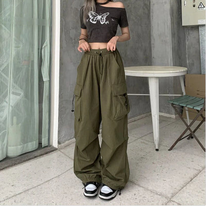 Casual Joggers Cargo Pants Women Solid Low Waist Pants Drawstring Wide Leg Baggy Trousers Y2k Streetwear Oversize Sweatpants
