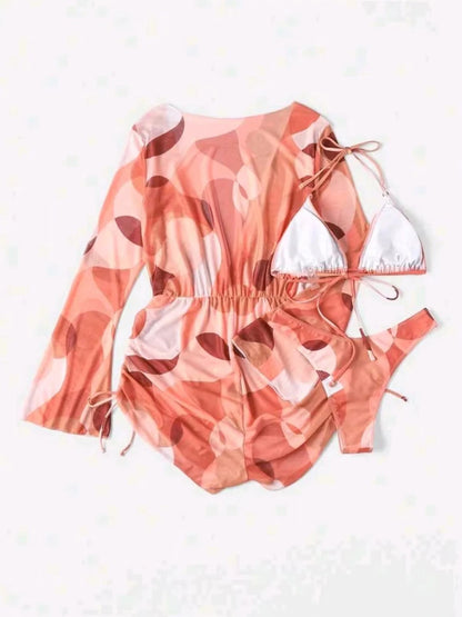 3 Pieces Triangle Halter String Bikini Long Sleeve Swimsuit Women Swimwear Female Bathers Bathing Swimming Swim Suit