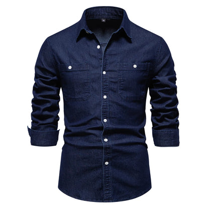 AIOPESON Autumn New Cotton Men's Denim Shirt Solid Color Single Pocket Casual Long Sleeve Shirt Autumn Jeans Shirt for Men