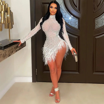 2022 Summer Fashion Sexy Tassel Mesh Embroidered Dress Women Irregular Short Skirt Mid-waist
