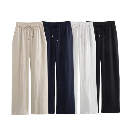 TRAF Women Fashion Spring Summer Lace-up Linen Blended Straight Pants Pocket Office Lady Chic High Waist Trousers Mujer