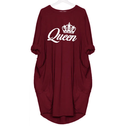 Women's spring and summer casual loose plus size QUEEN printed round neck long sleeved pocket dress streetwear