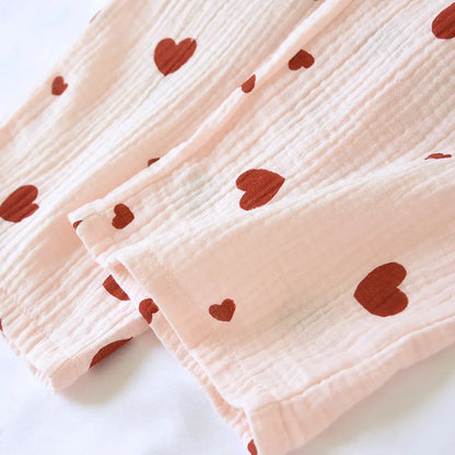 2025 New Spring and Autumn Women's Pajama Set 100% Cotton Crepe Long Sleeve Long Pants Two Piece Set Love Sweet Home Clothes