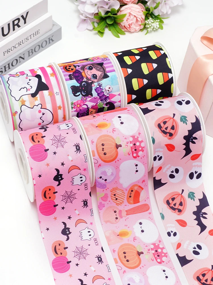 5 Yards Halloween Pumpkin Skeleton Stripe RIP Grosgrain/Satin Ribbon Printed Ribbon For Crafts Decoration Bow 82636
