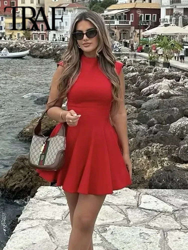 2025 Women Fashion Ruched Short Dress Sleeveless Stand Collar Fold Back Zip Mini Dress Chic Female Evening Party Dresses