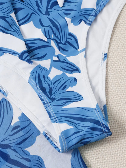 3 Pieces High Waist Swimsuit With Beach Skirt Floral Print Knot Front Bikinis 2025 Women Ruffle Swimwear Female Bathing Suit