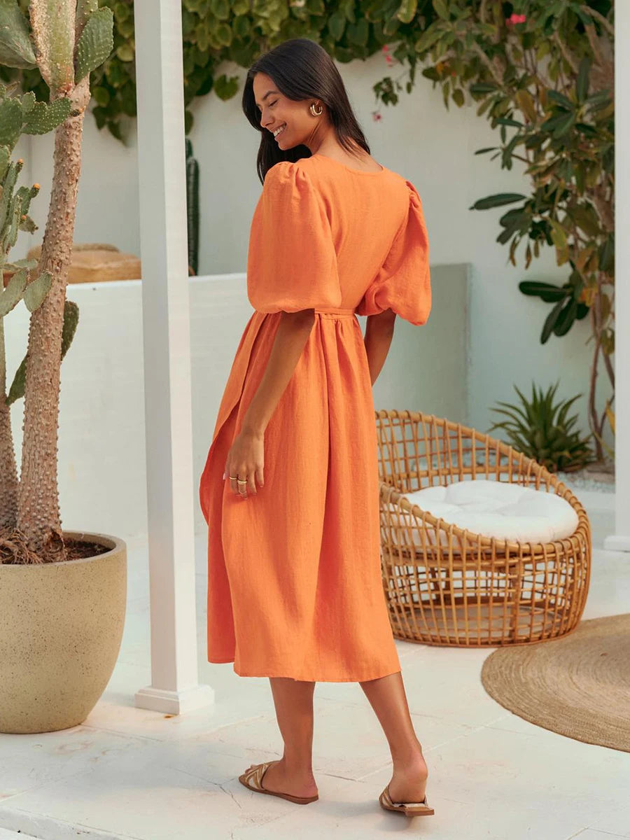 Bornladies 100% Cotton V-neck Waist Cinched Dress Unique Lantern Sleeve Sexy Slit Long Skirt Fashionable Women's Casual Dresses