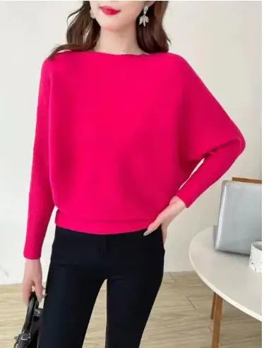 19 Colors Women Knitted Long Batwing Sleeves Loose Sweater Autumn Outstreet High Stretch Knitwear Wide Collar Pullover Knits