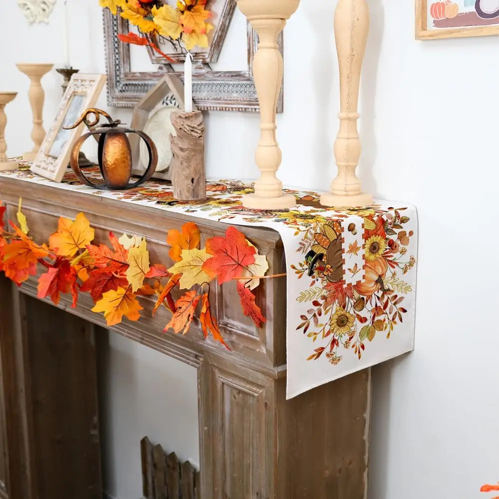 Thanksgiving Fall Turkey Pumpkin Floral Linen Table Runner for Autumn Kitchen Wedding Party Table Decor Thanksgiving Decorations