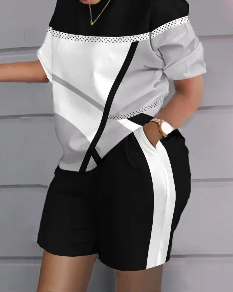 Summer Women's Short Sleeve Shorts Two-piece Set 2024 Fashion Casual Plaid Printed Women's Shorts Pocket Plus Size Set Clothing