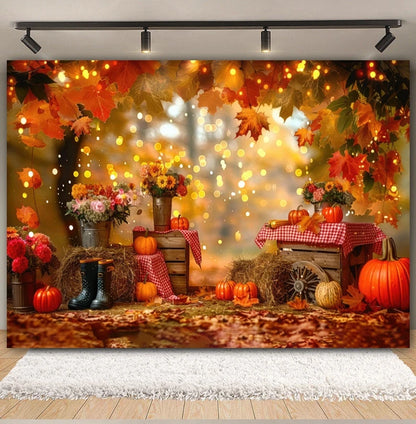 Autumn Backdrop Maple Pumpkin Maple Leaves Forest Haystack Harvest Thanksgiving Baby Portrait Photography Background Photobooth