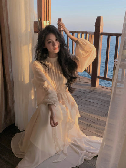 Beach Style Chiffon Y2k Mini Dress Office Lady Casual Long Sleeve Elegant One Piece Dress Korean Fashion Clothing Summer 2023