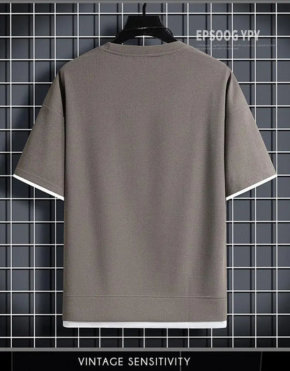 1pcs Men Summer T-Shirt Man Short Sleeved Waffle Solid T-Shirt Male Solid Color Casual Tee Round Men's Round Neck Fashion Top