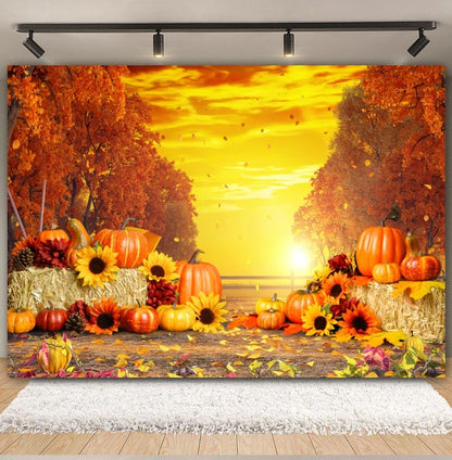 Autumn Backdrop Maple Pumpkin Maple Leaves Forest Haystack Harvest Thanksgiving Baby Portrait Photography Background Photobooth