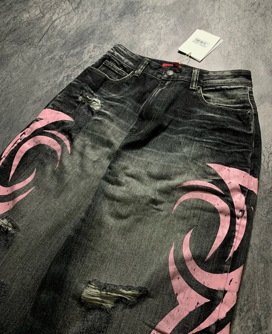 Y2K Graffiti Gothic Jeans Loose Punk Print Jeans Retro Street Street Hip Hop  Straight  Pants  High Street Harajuku Couple Pants
