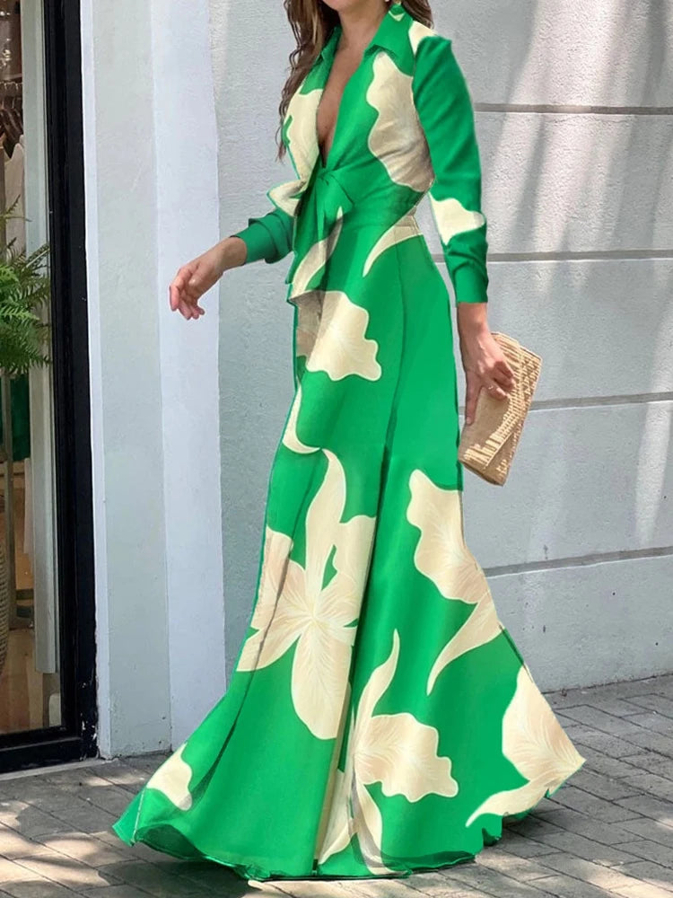 Autumn Winter Fashion V-neck Long Sleeve Elegant Blouse Print Lapel Top Women Solid Color Loose Casual Wide Leg Jumpsuit
