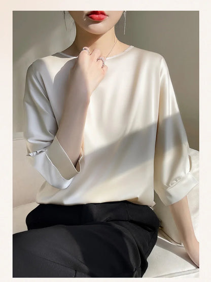 2025 New In Summer Satin Silk Half-Sleeve Tee Tops Basic Solid Women‘s T-Shirt Casual O-neck Thin Shirts Ladies Loose Blouses