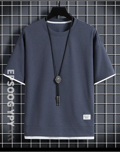 1pcs Men Summer T-Shirt Man Short Sleeved Waffle Solid T-Shirt Male Solid Color Casual Tee Round Men's Round Neck Fashion Top