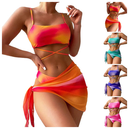 2024 new tie-dye Lace up Split Swimsuit Beach Bikinis Set Sexy Backless top Hipster Bottom and Cover Up dress 3 Pieces Swimsuit