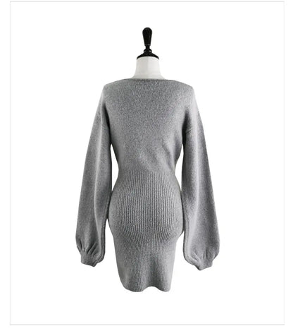 2023 Spring Autumn Sexy Cross V-neck Wrap Hip Dresses Women's Knitted Sweater Dress Fashion Tight Short Dress