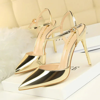 Women 10.5cm High Heels Sandals Lady Metallic Gold Silver Patent Leather Stripper Strap Sandles Wedding Fetish Nightclub Shoes