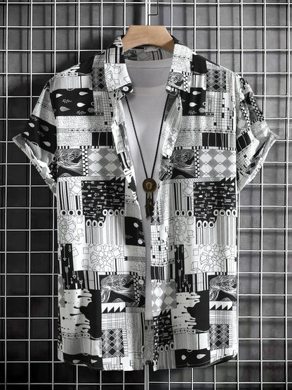 Summer men's And women's Personalized Irregular Pattern Print Design Tops short-sleeved Fashion Shirts Buttoned Versatile Tops