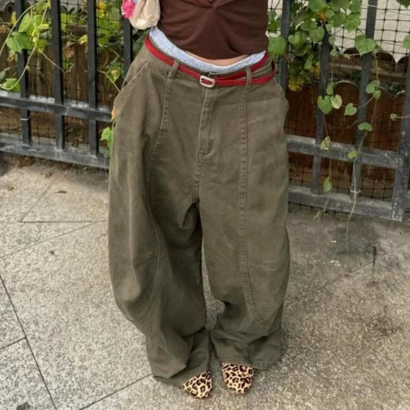 Y2K Women Streetwear Vintage Cargo Harajuku Parachute Jeans Wide Leg Gyaru American Retro Denim Pants 2000s Trousers Clothes
