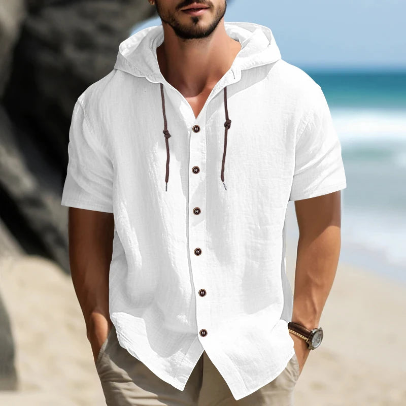 Summer cotton linen men's short sleeved shirt in US size solid color hooded casual T-shirt plus size men's clothing