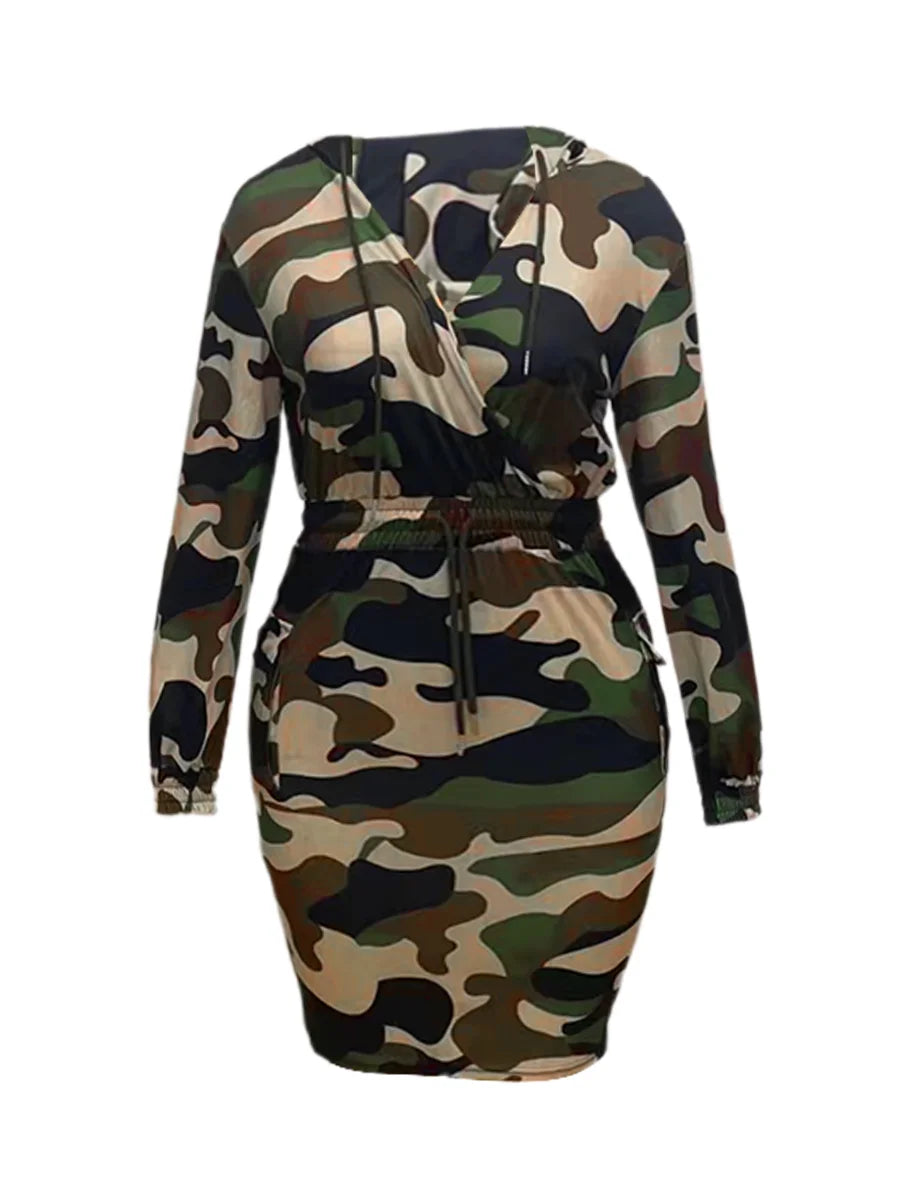 4XL 5XL LW Plus Size Camo Print Side Pocket Design Cargo Dress New In Women Spring Hooded Collar Full Print Knee Length Dresses