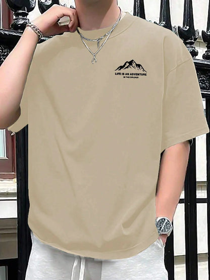 Summer men's 100% pure cotton casual loose plus size Letter And Mountain pattern printed round neck short sleeved T-shirt top