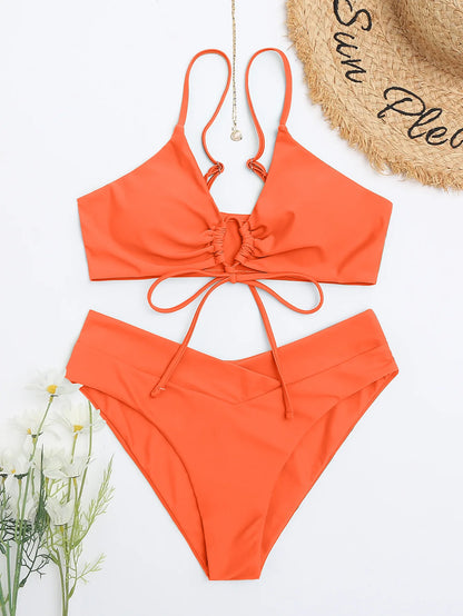 Summer Women's Leopard Patchwork Swimsuit Sexy Back Cross Lace-Up Swimwear High Waist Bikini Set Push Up Bathing Suit Beachwear