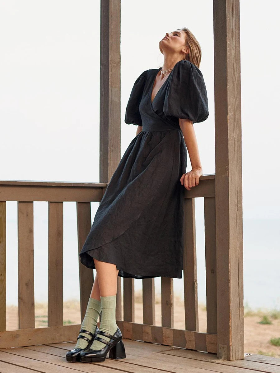 Bornladies 100% Cotton V-neck Waist Cinched Dress Unique Lantern Sleeve Sexy Slit Long Skirt Fashionable Women's Casual Dresses