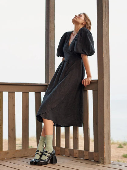 Bornladies 100% Cotton V-neck Waist Cinched Dress Unique Lantern Sleeve Sexy Slit Long Skirt Fashionable Women's Casual Dresses