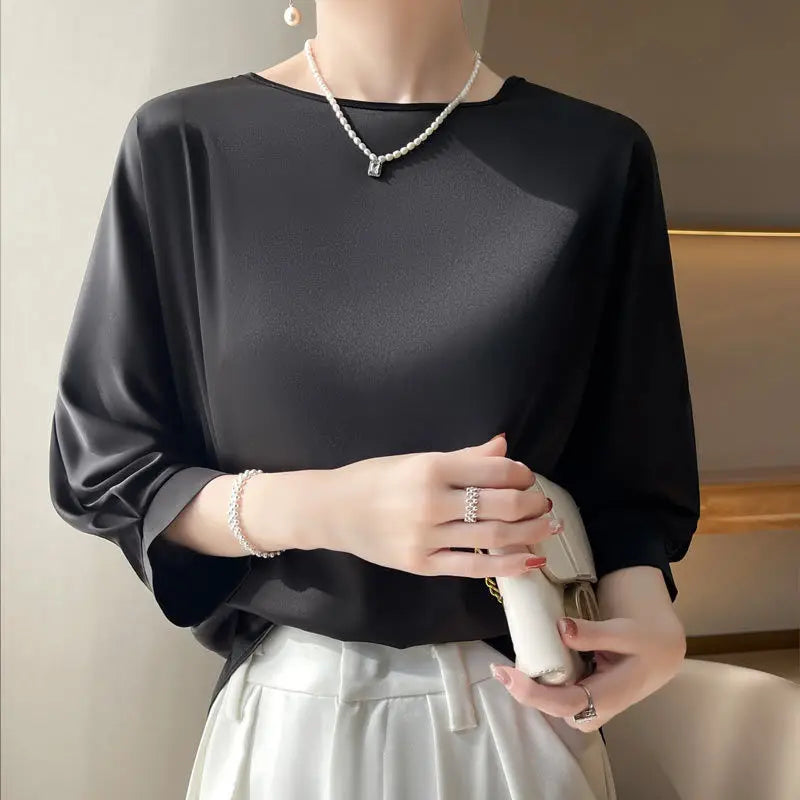 2025 New In Summer Satin Silk Half-Sleeve Tee Tops Basic Solid Women‘s T-Shirt Casual O-neck Thin Shirts Ladies Loose Blouses