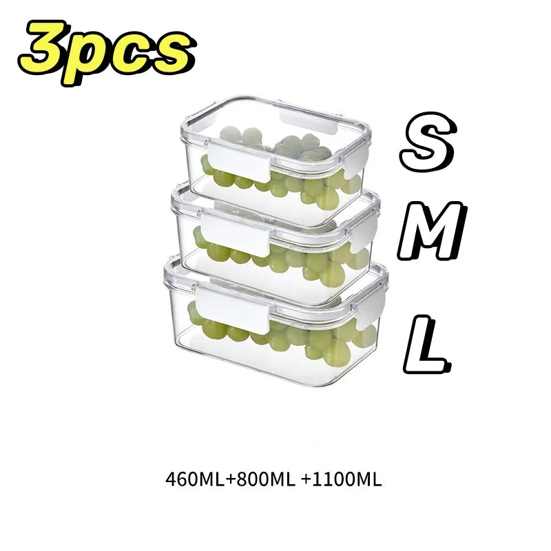 3size Refrigerator Storage Box Clear Sealed Rectangular Fresh Keeping Boxes Food Vegetable Fruit Lunch Box Kitchen Organizer