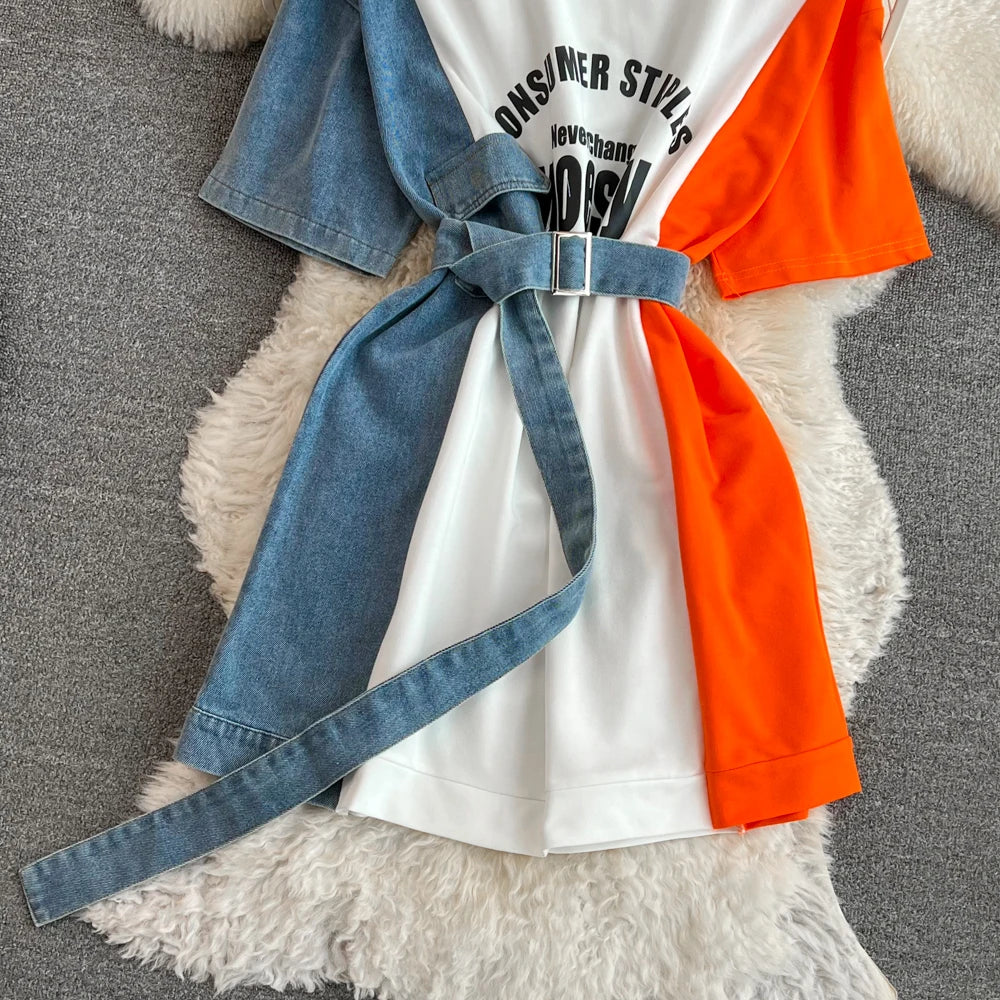 XFPV 2025 Summer Fashion Short Sleeve Round Neck High Waistband Slim A-line Denim Printed Patchwork Dress For Women SM11498